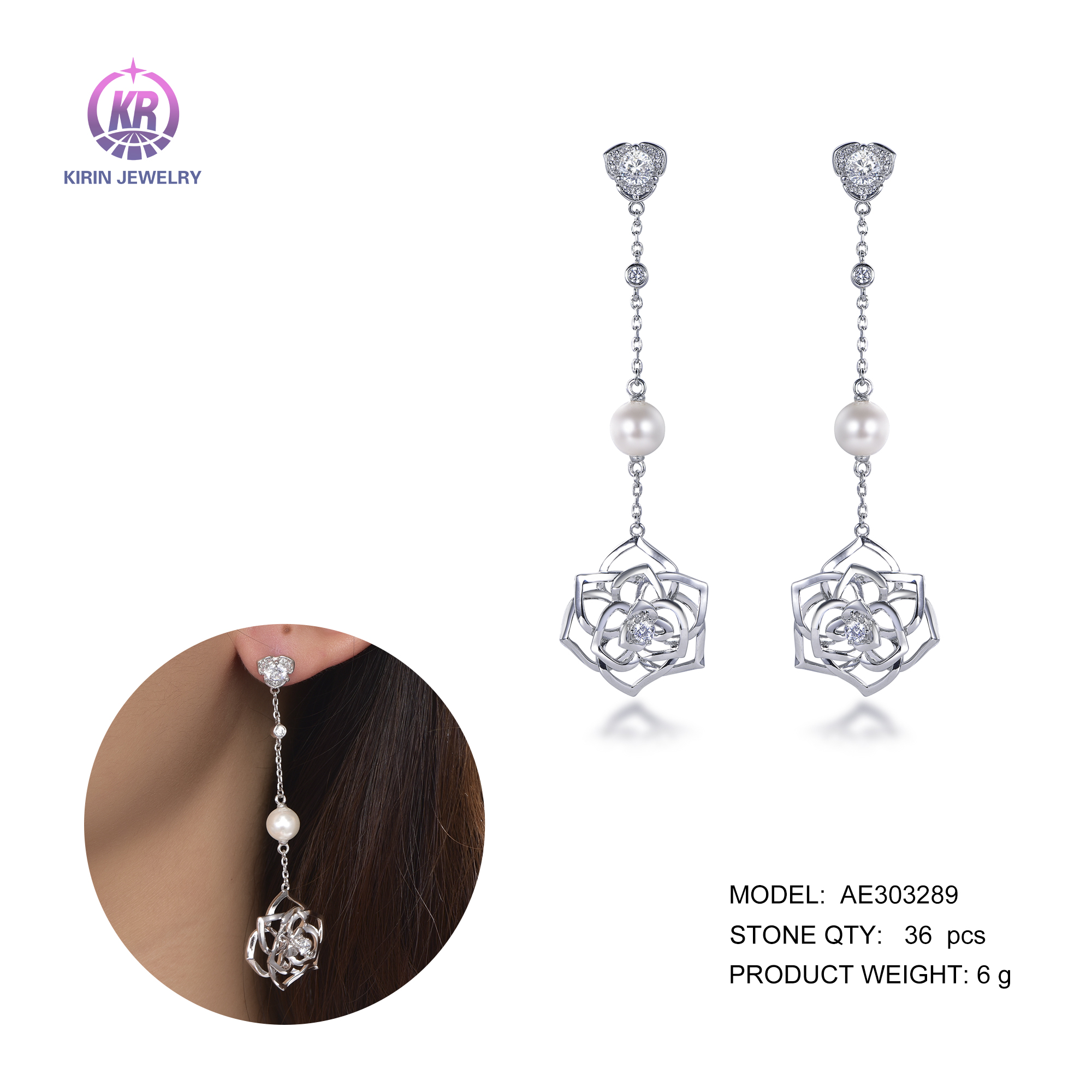 flower drop earrings with rhodium plating 303289 - Kirin Jewelry Company